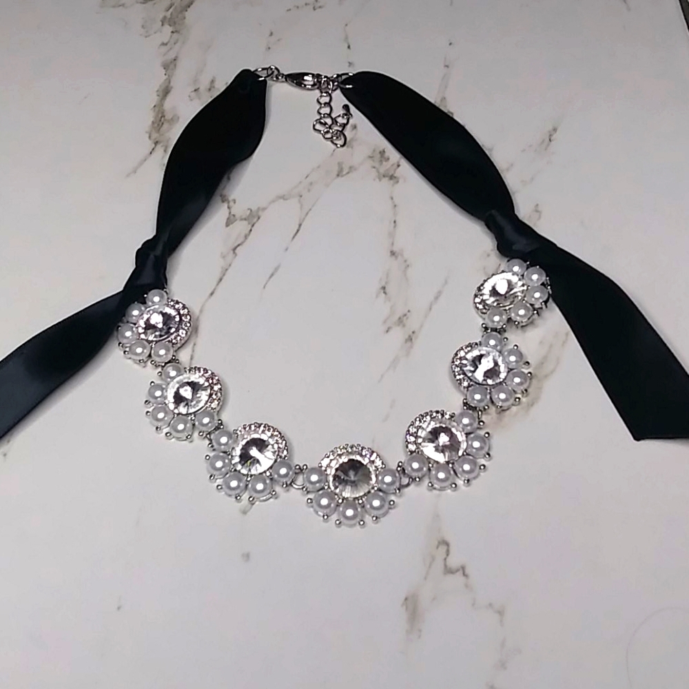 Crystal Beaded Pearl Silver Tone Ribbon Necklace